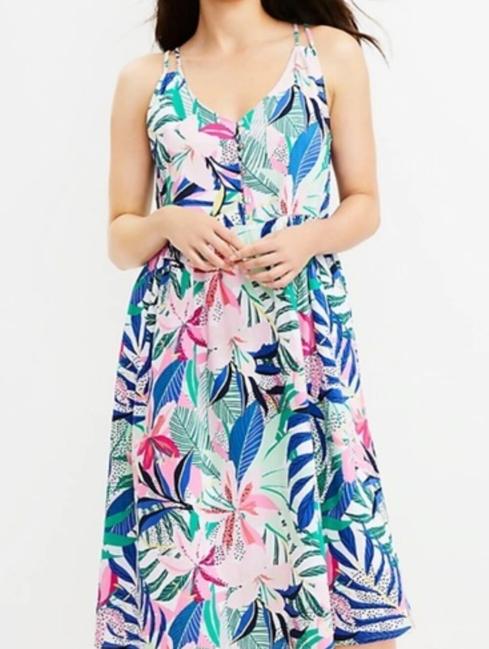 LOFT Palm Double Strap Cotton Midi Dress In Tropical Pink, Blue & Green Print 6